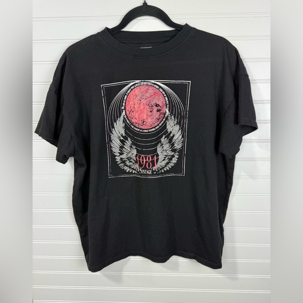 Brunette The Label. Black oversized graphic tee. Size S/M.